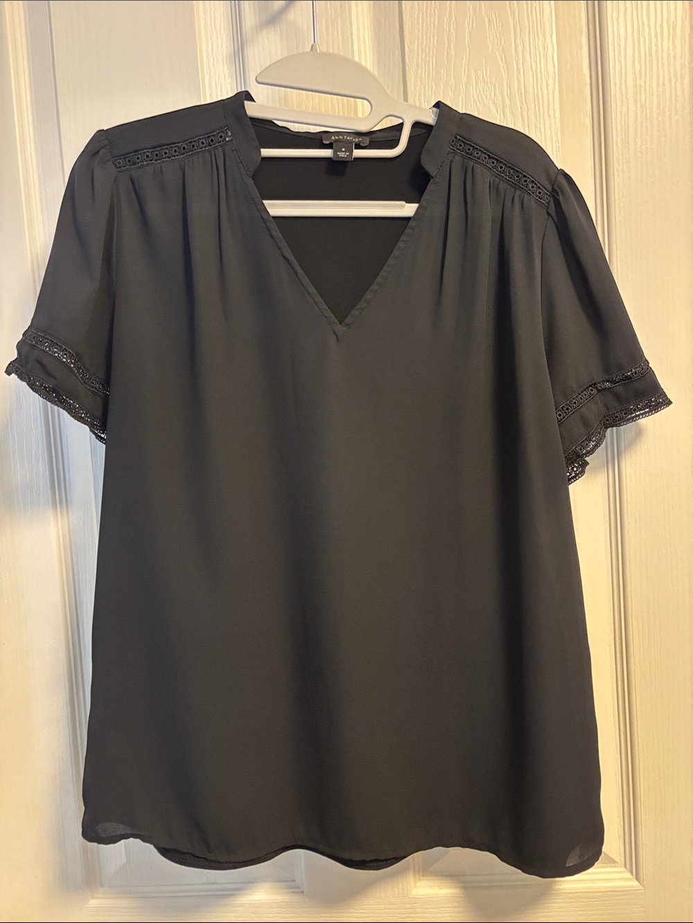 Ann Taylor Black V-Neck Lace-Trim Blouse